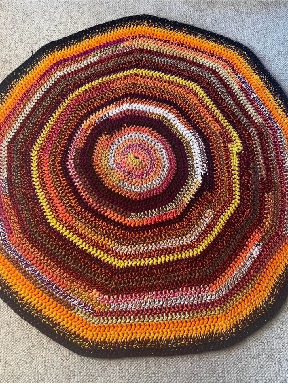 Handmade Round Crochet Rug in Burnt Orange, Brown & Yellow